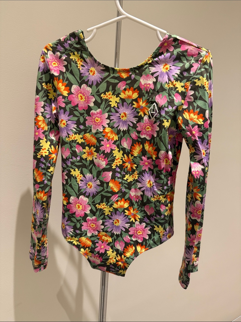 Girls' Long-Sleeve Floral Swim One-Piece - Green with Pink & Purple Flowers